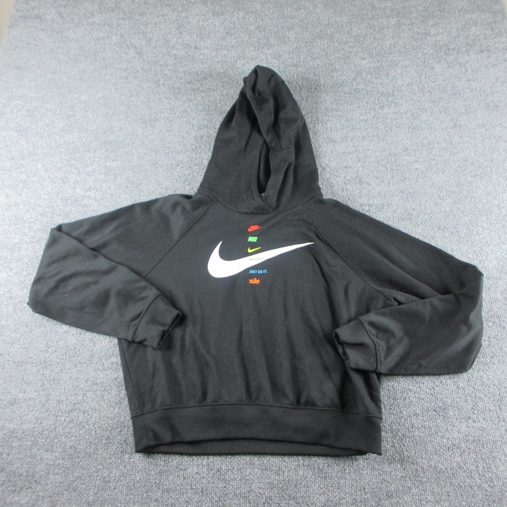 Nike Hoodie Womens S Black Fleece Pullover Raglan Multi Swoosh Graphic Logo